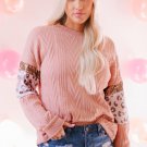 Pink Leopard Sequin Splicing Sleeves Textured Knit Top