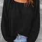 Black Scoop Neck Puff Sleeve Waffle Knit Top