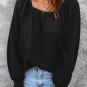 Black Scoop Neck Puff Sleeve Waffle Knit Top