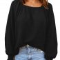 Black Scoop Neck Puff Sleeve Waffle Knit Top