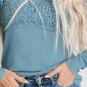 Sky Blue Lace Crochet V Neck Long Sleeve Top