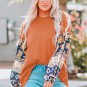Brown Boho Floral Print Balloon Sleeve Top with Lace Details