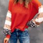 Orange V Neck Leopard Stripe Splice Lantern Sleeve Top