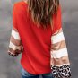 Orange V Neck Leopard Stripe Splice Lantern Sleeve Top