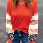 Orange V Neck Leopard Stripe Splice Lantern Sleeve Top