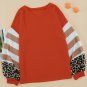 Orange V Neck Leopard Stripe Splice Lantern Sleeve Top