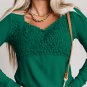 Green Lace Crochet V Neck Long Sleeve Top