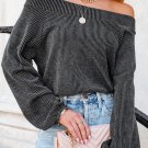 Gray Ribbed Knit Off-Shoulder Balloon Sleeve Top