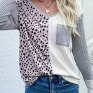 Leopard Patchwork Ribbed Color Block V Neck Top