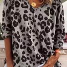Gray Leopard Split Joint V Neck Long Sleeve Top