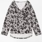 Gray Leopard Split Joint V Neck Long Sleeve Top