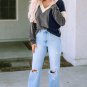 Black Brushed Contrast Knit V Neck Colorblock Long Sleeve Top