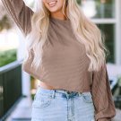 Khaki Cording Drop Shoulder Puff Sleeve Casual Long Sleeve Top