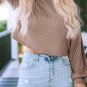 Khaki Cording Drop Shoulder Puff Sleeve Casual Long Sleeve Top