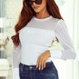 White Pearl Decor Mesh Patchwork Ribbed Long Sleeve Top
