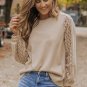Light French Beige Lace Patch Sleeve Waffle Knit Top