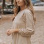 Light French Beige Lace Patch Sleeve Waffle Knit Top