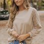 Light French Beige Lace Patch Sleeve Waffle Knit Top