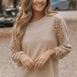 Light French Beige Lace Patch Sleeve Waffle Knit Top