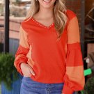 Fiery Red Studded V Neckline Exposed Seam Textured Knit Top