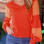 Fiery Red Studded V Neckline Exposed Seam Textured Knit Top