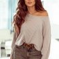 Beige Lettuce Cuffs Drop Shoulder Loose Ribbed Knit Top