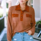 Brown Waffle Knit Button Contrast Trim Long Sleeve Top