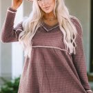 Pink Waffle Knit V Neck Long Sleeve Babydoll Top