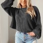 Black Cording Drop Shoulder Puff Sleeve Casual Long Sleeve Top