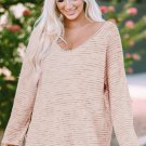 Pink Waffled Knit Long Sleeve V Neck Frayed Top