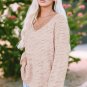 Pink Waffled Knit Long Sleeve V Neck Frayed Top