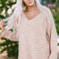 Pink Waffled Knit Long Sleeve V Neck Frayed Top