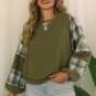 Green Plaid Patch Waffle Knit Exposed Seam Bubble Sleeve Top