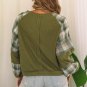 Green Plaid Patch Waffle Knit Exposed Seam Bubble Sleeve Top