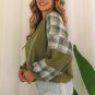 Green Plaid Patch Waffle Knit Exposed Seam Bubble Sleeve Top
