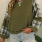 Green Plaid Patch Waffle Knit Exposed Seam Bubble Sleeve Top