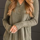Jungle Green V Neck Buttoned Ribbed Knit Top