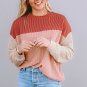 Fiery Red Color Block Long Sleeve Ribbed Loose Top