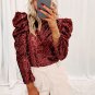 Burgundy Sequin Mock Neck Bubble Sleeve Top