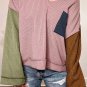 Pink Colorblock Rib Textured Loose Long Sleeve Top
