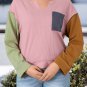 Pink Colorblock Rib Textured Loose Long Sleeve Top