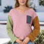 Pink Colorblock Rib Textured Loose Long Sleeve Top