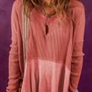 Mineral Red Exposed Seam Slit Neck Waffle Knit Patchwork Top