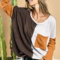 Brown Color Block Patchwork Chest Pocket Long Sleeve Top