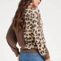 Brown Leopard Splicing Waffle Knit V Neck Top