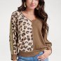 Brown Leopard Splicing Waffle Knit V Neck Top