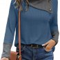 Sail Blue Waffle Knit Patchwork Colorblock Asymmetrical Neck Top