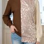 Brown Glitter Leopard Patchwork Crew Neck Long Sleeve Top