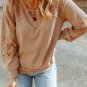 Apricot Lace Waffle Patchwork Strappy V Neck Long Sleeve Top