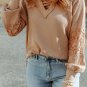 Apricot Lace Waffle Patchwork Strappy V Neck Long Sleeve Top